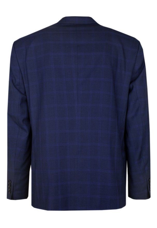 Elegancka Marynarka Męska - Casino - Delikatnie Taliowana - Granatowa w Kratę. Kolor: niebieski. Materiał: wiskoza, poliester. Styl: elegancki
