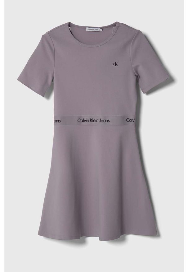Calvin Klein Jeans sukienka kolor fioletowy midi rozkloszowana. Kolor: fioletowy. Materiał: materiał, wiskoza. Długość rękawa: krótki rękaw. Typ sukienki: rozkloszowane. Styl: klasyczny. Długość: midi