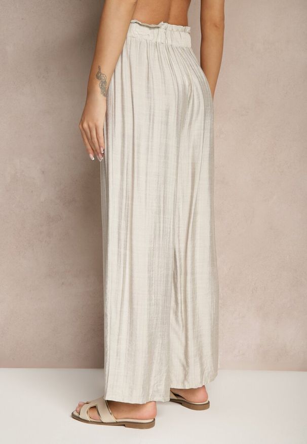 Renee - Jasnoszare Spodnie High Waist o Szerokim Kroju z Wiązaniem Telisiela. Okazja: na co dzień. Stan: podwyższony. Kolor: szary. Styl: klasyczny, casual, elegancki