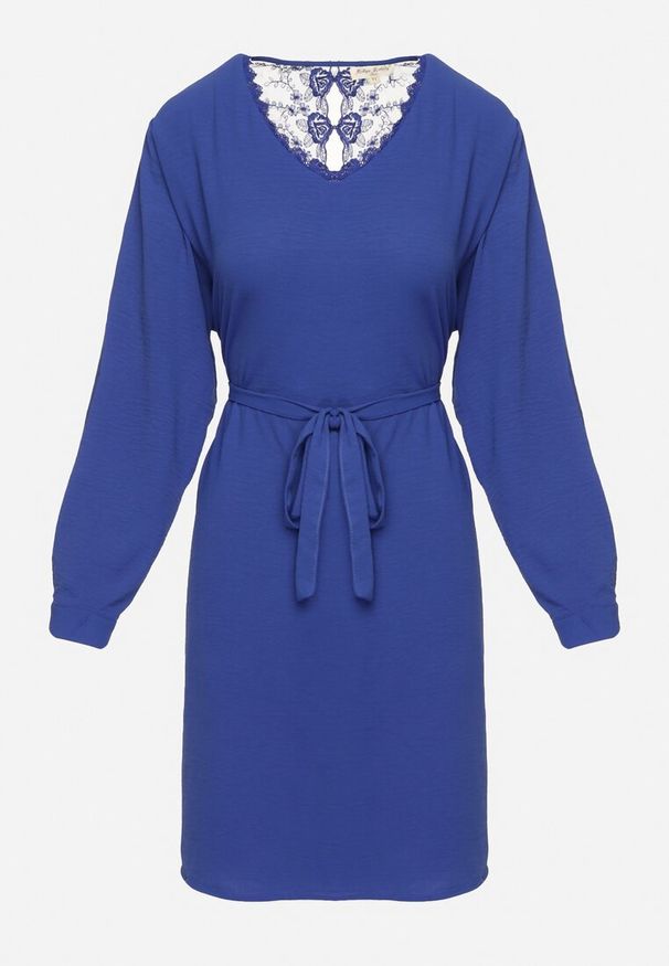 Born2be - Granatowa Sukienka Mini Rozkloszowana z Paskiem i Koronkową Wstawką Varanil. Okazja: na co dzień. Kolor: niebieski. Materiał: koronka. Styl: casual. Długość: mini