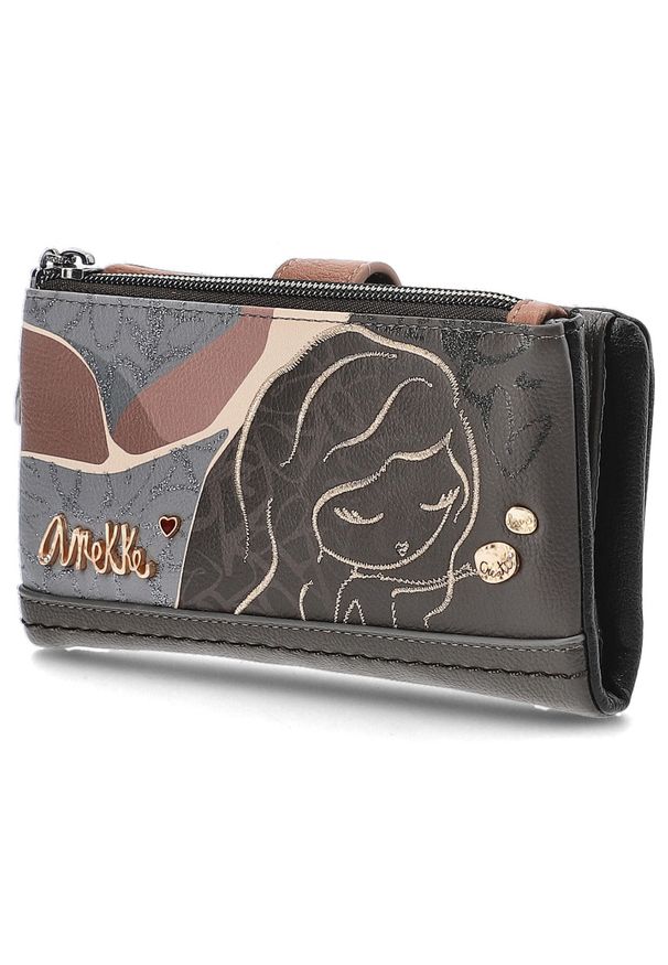 Brązowy Elegancki Portfel Damski Anekke. Kolor: brązowy. Materiał: materiał. Wzór: aplikacja, haft