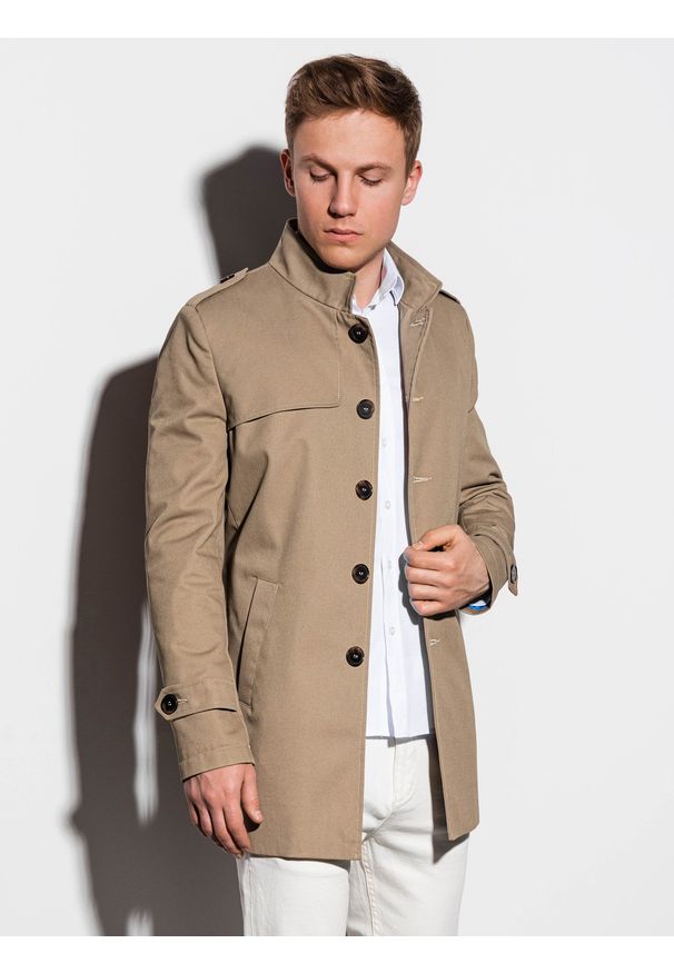 Beżowy płaszcz Ombre Clothing elegancki, ze stójką, na wiosnę