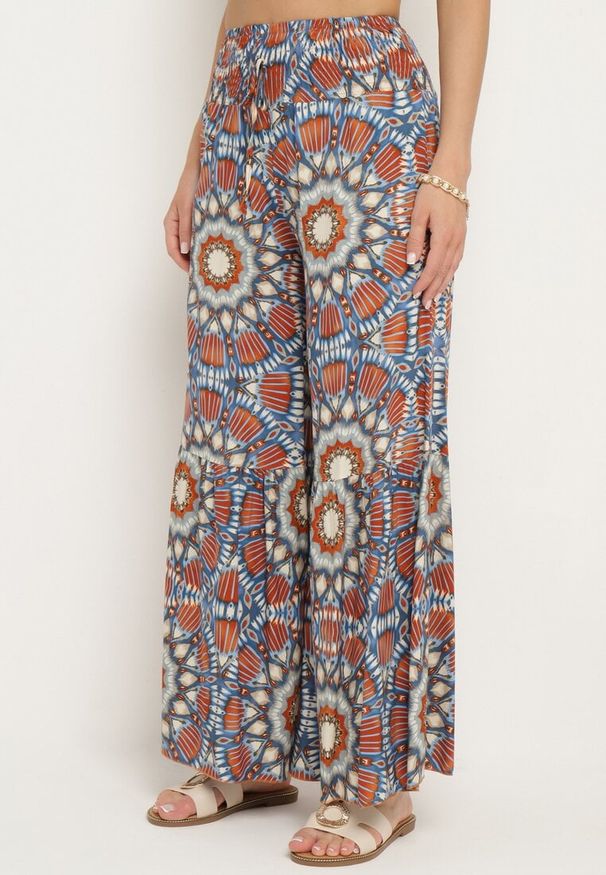 Born2be - Niebiesko-Pomarańczowe Wiskozowe Spodnie Typu Palazzo z Wysokim Stanem i Gumką w Pasie Agnalia. Okazja: na co dzień. Stan: podwyższony. Kolor: niebieski. Materiał: wiskoza. Długość: długie. Styl: casual