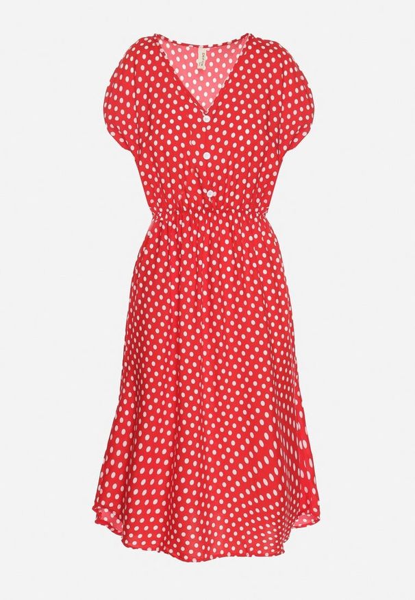 Born2be - Czerwona Sukienka z Gumką w Pasie i Falbanką Romilla. Kolor: czerwony. Materiał: bawełna. Sezon: lato. Styl: wizytowy