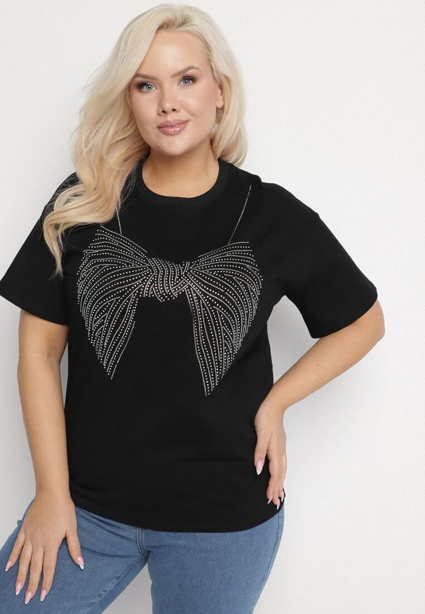 Born2be - Czarny T-shirt ze Wzorem z Cyrkonii Olisellea. Okazja: na co dzień. Kolor: czarny. Materiał: bawełna. Styl: casual