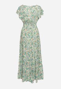 Born2be - Jasnozielona Sukienka z Bawełny w Ornamentalny Wzór z Gumką w Pasie i Falbankami Fioralas. Typ kołnierza: kołnierz z falbankami. Kolor: zielony. Materiał: bawełna #2