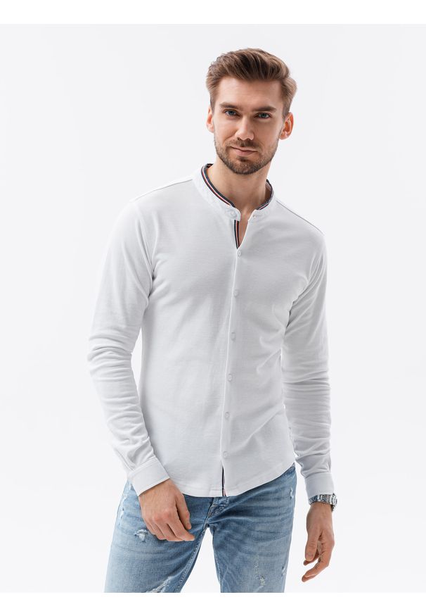 Ombre Clothing - Koszula męska z długim rękawem K542 - biała - XXL. Typ kołnierza: kołnierzyk stójkowy. Kolor: biały. Materiał: bawełna, dzianina. Długość rękawa: długi rękaw. Długość: długie. Wzór: kolorowy