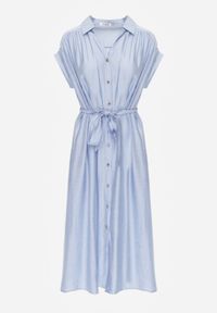 Renee - Niebieska Rozkloszowana Sukienka o Koszulowym Kroju Ozdobiona Paskiem w Talii i Guzikami Rosofia. Okazja: na co dzień. Typ kołnierza: dekolt w kształcie V. Kolor: niebieski. Materiał: skóra. Długość rękawa: krótki rękaw. Wzór: aplikacja. Typ sukienki: koszulowe. Styl: wizytowy, sportowy, casual, elegancki #8