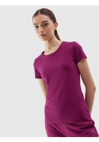 4f - T-shirt slim gładki damski - fioletowy. Okazja: na co dzień. Kolor: fioletowy. Materiał: bawełna, elastan, materiał, jersey, dzianina. Wzór: gładki. Styl: casual, sportowy