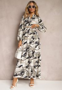 Renee - Biała Sukienka o Rozkloszowanym Fasonie w Abstrakcyjny Print Aganotha. Okazja: na co dzień. Kolor: biały. Wzór: nadruk. Typ sukienki: rozkloszowane. Styl: elegancki, casual #5