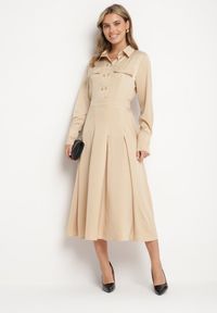 Born2be - Beżowa Rozkloszowana Sukienka o Koszulowym Kroju z Imitacją Kieszeni i Gumką w Talii Rizza. Okazja: na co dzień. Kolor: beżowy. Typ sukienki: koszulowe. Styl: wizytowy, klasyczny, casual, elegancki #5