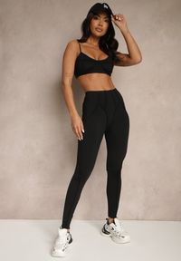 Renee - Czarny Komplet Sportowy Zdobiony Przeszyciami Legginsy i Top Filaranea. Kolor: czarny. Materiał: jeans. Wzór: aplikacja