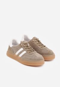 Renee - Ciemnobeżowe Sneakersy Typu Tenisówki z Zamszu Naturalnego Ozdobione Paskami Tarinella. Okazja: na co dzień. Zapięcie: pasek. Kolor: beżowy. Materiał: zamsz. Wzór: aplikacja #9