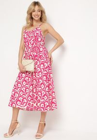 Born2be - Fuksjowa Sukienka na Cienkich Ramiączkach o Trapezowym Kroju z Wiązaniem na Troczek Cavriella. Okazja: na co dzień. Kolor: różowy. Długość rękawa: na ramiączkach. Sezon: lato. Typ sukienki: trapezowe. Styl: klasyczny, casual, elegancki #2