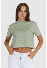 Guess - GUESS Krótki zielony t-shirt damski z logo. Kolor: zielony. Materiał: bawełna. Długość: krótkie