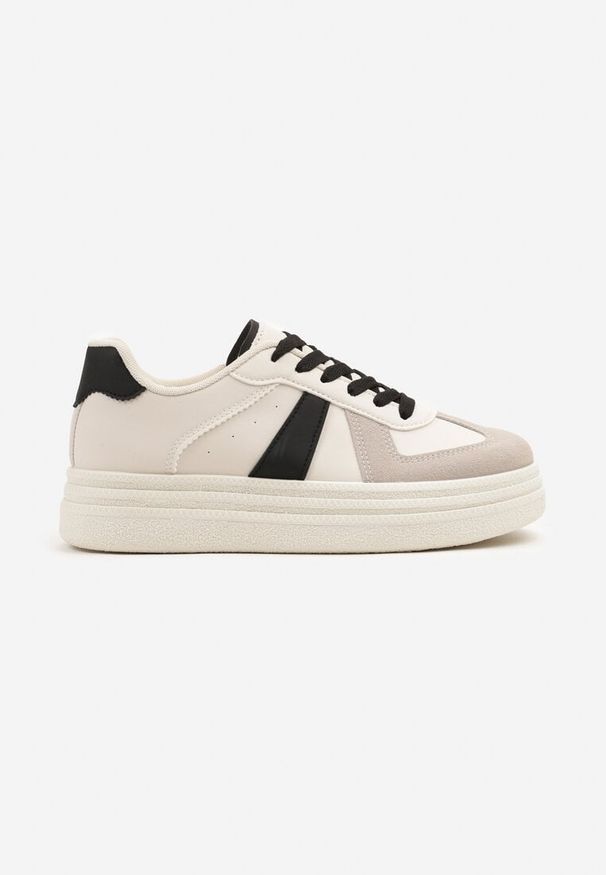 Renee - Beżowo-Czarne Sneakersy na Platformie Ozdobione Paskami ze Sznurowaniem Bormi. Okazja: na co dzień. Zapięcie: pasek. Kolor: beżowy. Materiał: jeans, skóra. Wzór: aplikacja. Obcas: na platformie