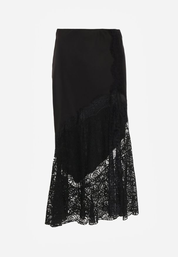 Born2be - Czarna Spódnica z Satyny z Koronką i Rozcięciem na Nogę Doritana. Okazja: na co dzień, na spotkanie biznesowe. Kolor: czarny. Materiał: satyna, koronka. Wzór: koronka. Styl: casual, biznesowy, elegancki