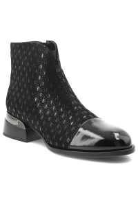 Czarne Botki S.Barski Wzorzyste Obuwie Damskie. Okazja: na co dzień. Zapięcie: zamek. Kolor: czarny. Materiał: lakier, materiał. Sezon: zima, jesień. Obcas: na obcasie. Styl: casual. Wysokość obcasa: średni #4