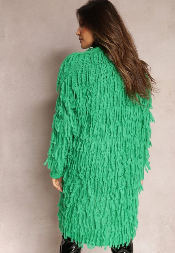 Renee - Zielony Niezapinany Kardigan w Ozdobne Frędzle Massawa. Kolor: zielony. Styl: elegancki