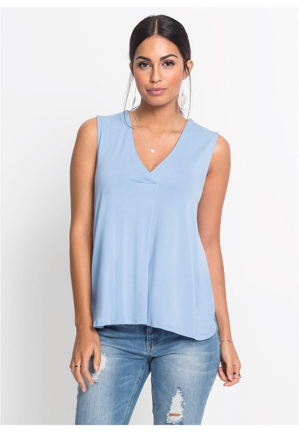bonprix - Top z miękkiej mieszanki wiskozy. Typ kołnierza: dekolt w serek. Kolor: niebieski. Materiał: wiskoza. Styl: elegancki