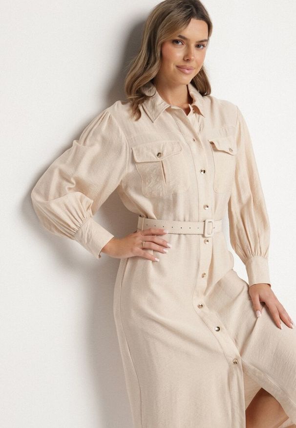 Born2be - Beżowa Wiskozowa Sukienka o Koszulowym Kroju z Paskiem z Klamrą i Kieszeniami Lisavianna. Okazja: do pracy, na co dzień, na spotkanie biznesowe. Kolor: beżowy. Materiał: wiskoza. Długość rękawa: długi rękaw. Typ sukienki: koszulowe. Styl: elegancki, biznesowy, klasyczny, casual