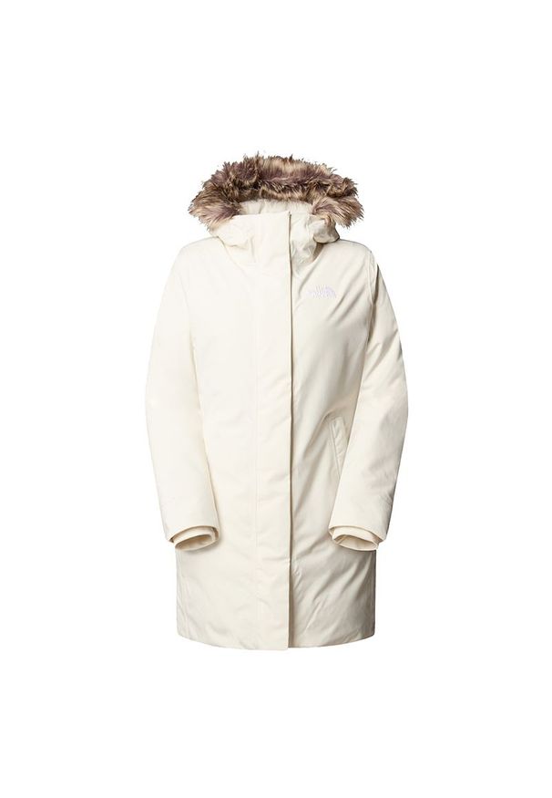 Kurtka The North Face Arctic 0A84J2QLI1 - biała. Kolor: biały. Materiał: puch, futro, poliester, materiał. Wzór: aplikacja. Sezon: zima. Styl: klasyczny