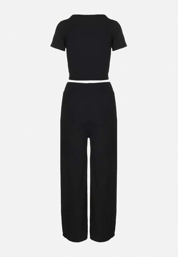 Born2be - Czarny Komplet Top ze Ściągaczem Spodnie z Szerokimi Nogawkami i Gumką w Pasie Rolana. Kolor: czarny. Materiał: bawełna