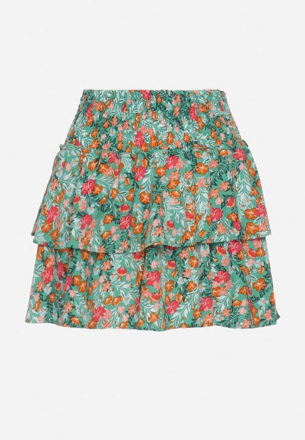 Born2be - Zielona Spódnica Mini w Kwiatowy Print z Falbankami Rozkloszowana Kilina. Kolor: zielony. Wzór: kwiaty, nadruk. Sezon: lato