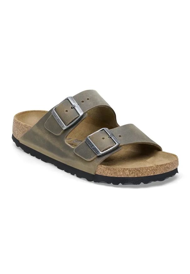 Birkenstock Arizona LEOI Faded Klapki damskie khaki. Okazja: na co dzień. Kolor: zielony. Materiał: materiał. Wzór: motyw zwierzęcy, nadruk, paski. Sezon: lato. Styl: wakacyjny, elegancki, casual, klasyczny
