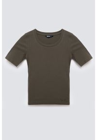 Big-Star - Koszulka damska w prążek khaki Asterca 303. Kolor: zielony. Materiał: jeans, prążkowany, dzianina. Wzór: prążki. Styl: klasyczny, elegancki