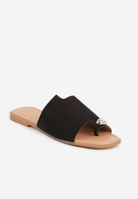 Born2be - Czarne Klapki VICES na Płaskiej Podeszwie z Paskiem na Palec i Aplikacją Oriphite. Okazja: na co dzień. Kolor: czarny. Materiał: jeans, len. Wzór: aplikacja. Obcas: na płaskiej podeszwie. Styl: elegancki, wakacyjny, casual #2