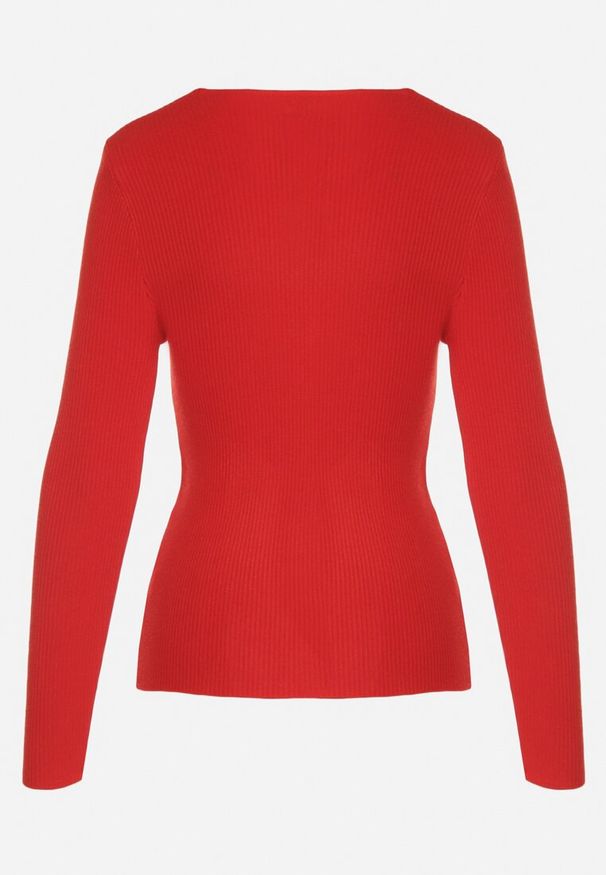 Born2be - Czerwony Dopasowany Sweter z Prążkowanej Dzianiny z Bawełną z Dekoltem w Serek Tesma. Okazja: na co dzień. Typ kołnierza: dekolt w serek. Kolor: czerwony. Materiał: prążkowany, bawełna, dzianina. Długość rękawa: długi rękaw. Długość: długie. Styl: casual, elegancki