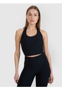4f - 4F Crop top slim gładki damski 4F x Anna Lewandowska - czarny M. Kolor: czarny. Materiał: dzianina, materiał, syntetyk, elastan. Długość rękawa: na ramiączkach. Wzór: gładki