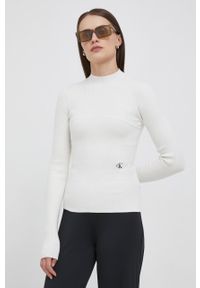 Calvin Klein Jeans sweter damski kolor beżowy lekki z półgolfem. Kolor: beżowy. Materiał: bawełna, dzianina. Długość: krótkie #2