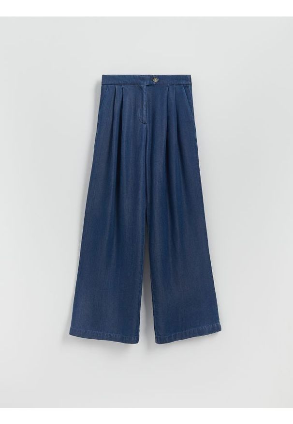 Reserved - Jeansy wide leg z lyocellu - granatowy. Kolor: niebieski