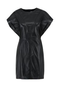 Ochnik - Czarna skórzana taliowana sukienka. Kolor: czarny. Materiał: skóra. Wzór: gładki. Długość: mini #3