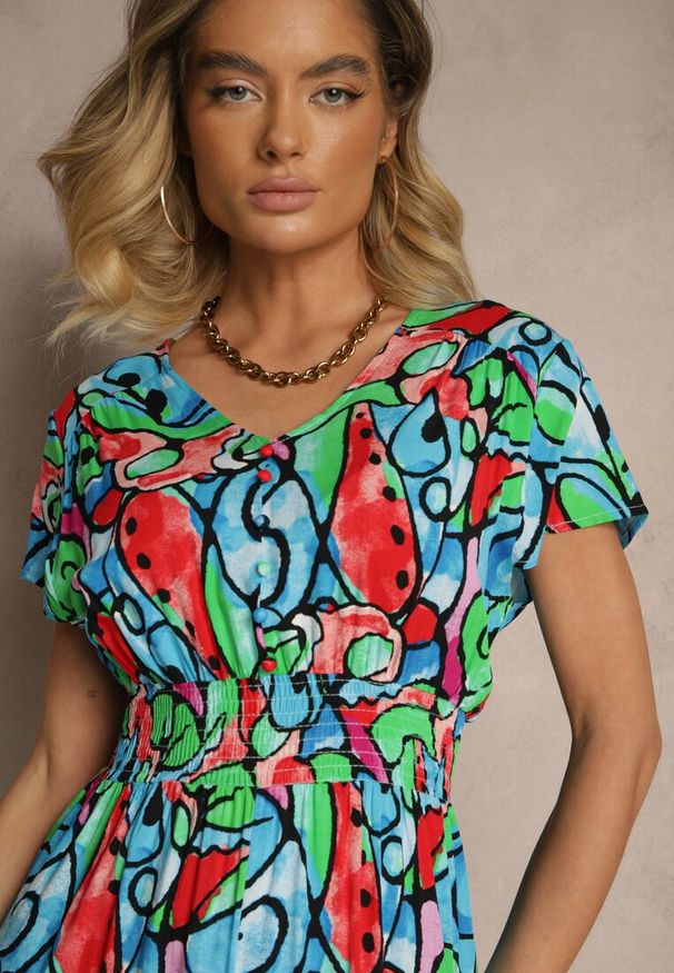 Renee - Niebieska Sukienka z Bawełny w Abstrakcyjny Wzór Emisienna. Okazja: na imprezę. Kolor: niebieski. Materiał: bawełna. Sezon: lato. Styl: elegancki