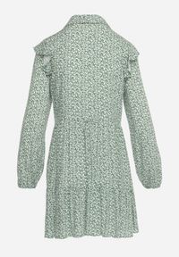 Born2be - Zielona Rozkloszowana Sukienka Mini w Kwiaty z Falbankami na Ramionach Lorean. Okazja: na spacer, na imprezę. Typ kołnierza: kołnierz z falbankami. Kolor: zielony. Materiał: materiał. Wzór: kwiaty. Sezon: lato. Styl: elegancki. Długość: mini #4