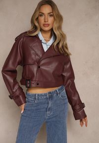 Renee - Bordowa Krótka Kurtka Ramoneska w Stylu Trencza Niladoria. Okazja: na spotkanie biznesowe, do pracy. Kolor: czerwony. Materiał: jeans. Długość: krótkie. Wzór: paski. Styl: biznesowy, elegancki