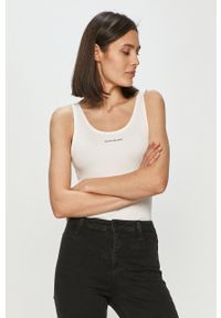 Calvin Klein Jeans - Top. Kolor: biały. Materiał: dzianina, bawełna. Wzór: nadruk