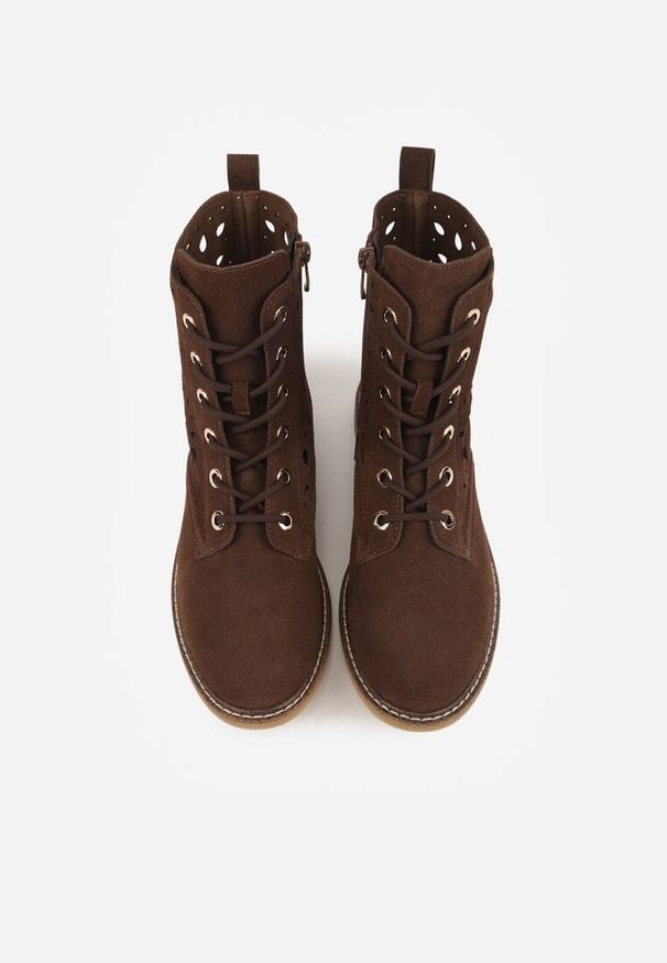 Renee - Brązowe Skórzane Botki z Ażurowym Wzorem Kasona. Okazja: na co dzień. Kolor: brązowy. Materiał: skóra. Wzór: ażurowy. Styl: casual