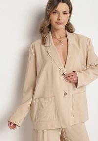 Born2be - Beżowa Marynarka Oversize Pudełkowa z Kieszeniami z Modalu Mavelisse. Okazja: na co dzień. Kolor: beżowy. Materiał: jeans. Styl: casual, elegancki #7