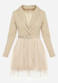 Born2be - Jasnobeżowa Kopertowa Sukienka Mini z Paskiem i Tiulem na Dole Anaida. Kolor: beżowy. Materiał: tiul. Wzór: aplikacja. Typ sukienki: kopertowe. Długość: mini #6