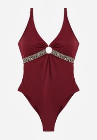 Renee - Bordowy Strój Kąpielowy z Paskiem w Geometryczny Print i Wycięciem Helania. Kolekcja: plus size. Kolor: czerwony. Wzór: geometria, nadruk #5