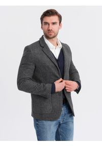 Ombre Clothing - Męska marynarka w kratę z dodatkiem wełny - grafitowa V2 OM-BLZB-0117 - XXL. Kolor: szary. Materiał: wełna #4