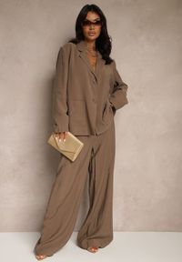 Renee - Brązowe Spodnie Low Waist z Modalu z Szeroką Nogawką Reanelira. Okazja: na co dzień. Stan: obniżony. Kolor: brązowy. Styl: klasyczny, casual, elegancki