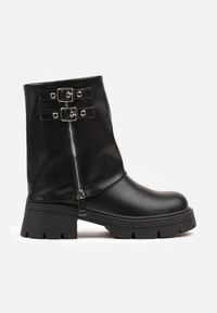 Born2be - Czarne Botki ze Skóry Naturalnej w Stylu Biker z Wywiniętą Cholewką Suwakiem i Dwiema Klamrami Adarrive. Zapięcie: klamry. Kolor: czarny. Materiał: skóra. Szerokość cholewki: normalna. Styl: klasyczny