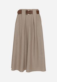 Born2be - Beżowa Rozkloszowana Spódnica z Wiskozą Zdobiona Paskiem z Klamrą Tinevia. Okazja: na co dzień, do pracy. Kolor: beżowy. Materiał: wiskoza. Wzór: aplikacja. Styl: casual, elegancki, klasyczny #2
