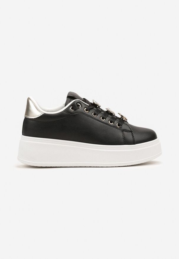 Born2be - Czarne Płaskie Sneakersy z Metalicznymi Aplikacjami 3D Mivita. Nosek buta: okrągły. Zapięcie: sznurówki. Kolor: czarny. Wzór: aplikacja. Obcas: na obcasie. Wysokość obcasa: niski