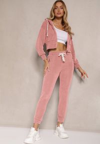 Renee - Różowy Komplet Dresowy z Bawełny Bluza z Kapturem i Spodnie Slim Inerisa. Kolor: różowy. Materiał: bawełna, dresówka. Wzór: aplikacja #4